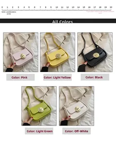 Detail view of stylish crossbody bags in five colors with a round metal buckle