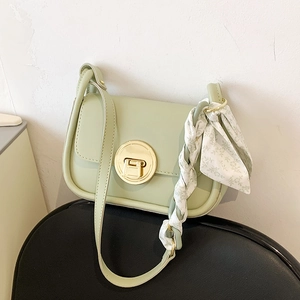 Women PU Leather Crossbody Bag Gold Round Metal Lock Floral Satin Scarf Decor Flap Square Shoulder Handbag