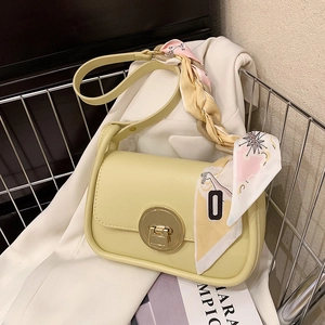 Fashionable cream yellow square flap crossbody bag with scarf and gold buckle