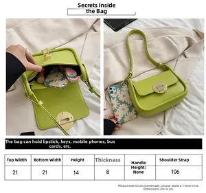 Size chart showing green crossbody bag dimensions: 21cm width, 14cm height, 8cm thickness