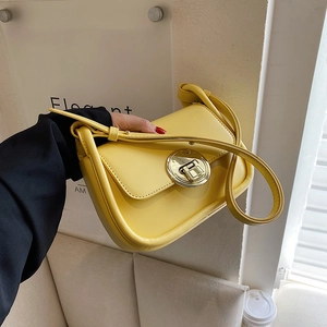 Women Shoulder Bag PU Leather Round Gold Metal Lock Flip Top Minimalist Underarm Crossbody Purse Chic Retro Style