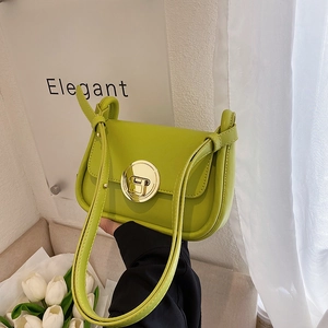 Elegant lime green PU leather shoulder bag for women with round gold metal twist lock
