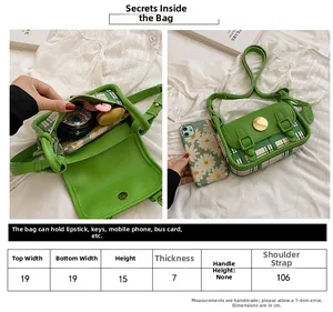 Detailed size guide and capacity chart for the green checkered PU leather crossbody bag