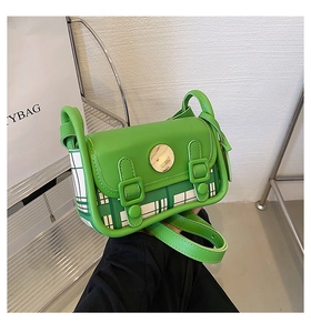 Detail of green woven plaid crossbody bag with gold buckle and adjustable strap