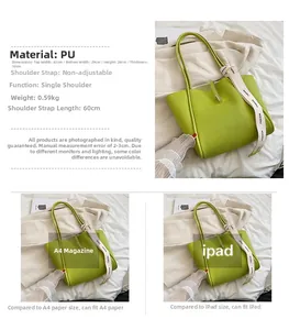 Comparaison de taille détaillée du sac cabas vert en similicuir avec magazine A4 et iPad