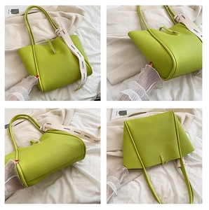 Vues détaillées du sac cabas vert citron en cuir texturé avec foulard de mode décoratif