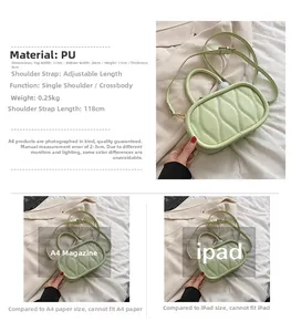 Detail view of small green quilted handbag with dimensions and iPad comparison chart