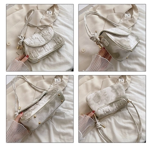 Detailed four-angle views of an ivory marble-patterned crossbody bag with knotted strap