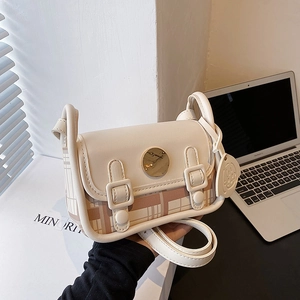 Retro cream PU leather crossbody bag with brown plaid trim and gold metal lock
