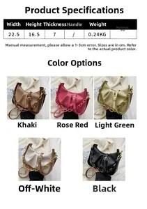 Detailed size specifications and five color options for the PU leather pleated cloud bag