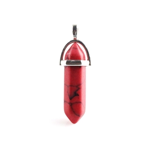 Red hexagonal crystal pillar pendant with silver clasp and wire wrap detail