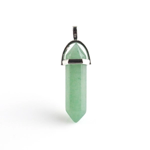 Hexagonal green natural stone pendant with silver clasp and polished wire wrap finish