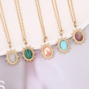 Oval natural stone necklaces with sunburst metal frames in five vibrant colors