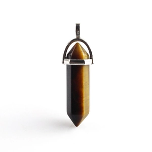 Hexagonal tiger eye crystal pendant with golden brown bands and silver metal clasp