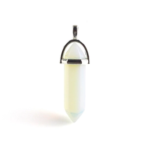 Handmade wire wrapped hexagonal opal crystal pendant with silver tone metal bail