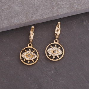 Gouden roestvrijstalen Evil Eye-oorbellen met zwart emaille en witte strassteentjes