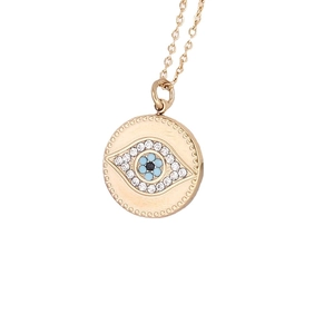 Collier doré avec pendentif œil maléfique, perles bleues et contour en zircons