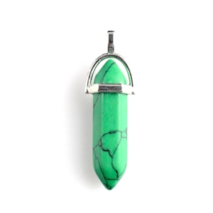 Green turquoise hexagonal prism stone pendant with silver wire wrap and metal bail