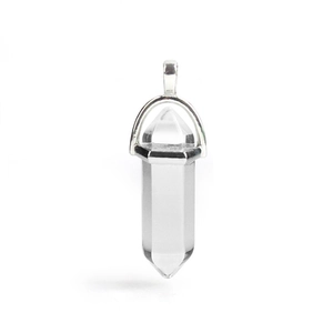 Handcrafted hexagonal clear crystal pillar pendant with silver wire wrap and clasp