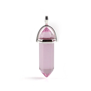 Pink quartz hexagonal column pendant with silver metal clasp on white background
