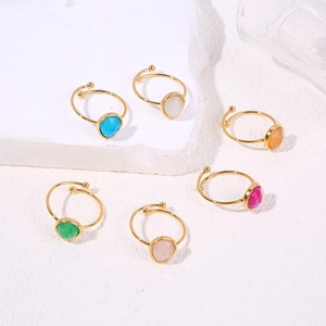 Set of 6 adjustable stainless steel rings with teardrop gemstones in various colors