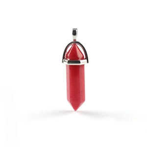 Handcrafted hexagonal red crystal pillar pendant with silver wire wrap and metal clasp