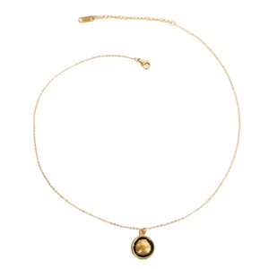 Gold stainless steel coin necklace featuring shell relief on black enamel pendant
