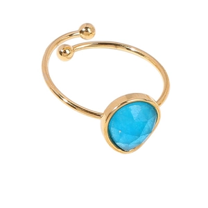 Adjustable gold stainless steel ring with pear-shaped turquoise stone and gold bead tips