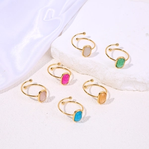 Set of 6 gold plated titanium steel rings with colorful oval natural stones for women