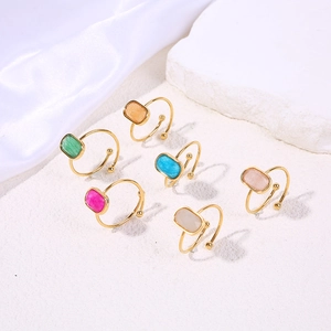 Set of six gold-plated titanium steel rings with colorful rectangular natural stones
