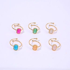 Detailed set of six gold-plated titanium rings with colorful square natural stones