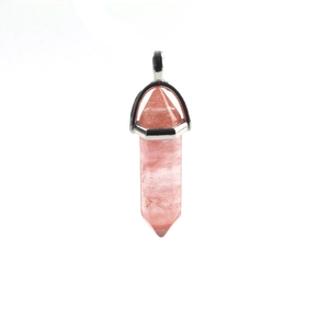 Pink quartz hexagonal crystal pendant with silver wire wrapping and bail on white background