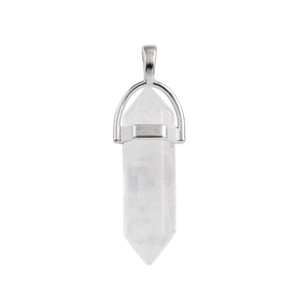 Handmade wire-wrapped hexagonal white crystal pillar pendant with silver metal bail
