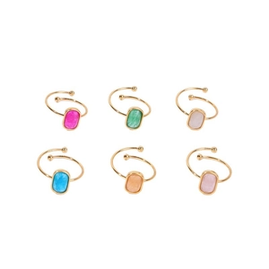 6-piece set of gold-plated spiral rings with colorful rectangular stones for women
