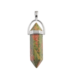 Handmade wire wrapped hexagonal Unakite crystal pendant necklace with silver clasp