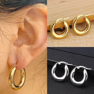 Classic thick stainless steel hoop earrings in gold and silver mirror finish styles