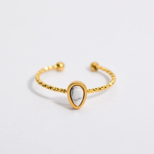 Adjustable golden teardrop stone ring with vintage beaded texture on stainless steel