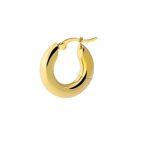 Polished chunky gold hoop earring in minimalist stainless steel design on white background