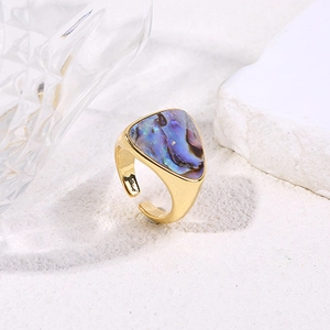 Adjustable gold plated geometric triangle ring featuring natural abalone shell inlay