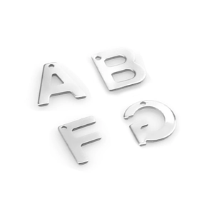 Close-up of silver alphabet pendants A, B, F, G made of polished stainless steel for DIY