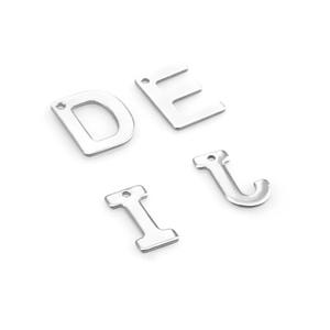 Close-up of silver stainless steel letters D, E, I, J pendants with brushed finish