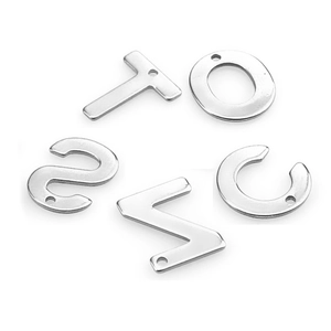 Polished stainless steel letter pendants T, O, S, Z, C with pre-drilled holes for DIY jewelry