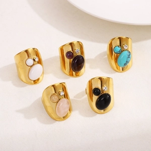 Vintage wide gold plated titanium rings with colorful oval stones and side rhinestones