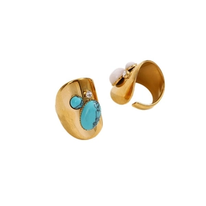 Vintage gold wide ring with turquoise stones and zircons shown from multiple angles