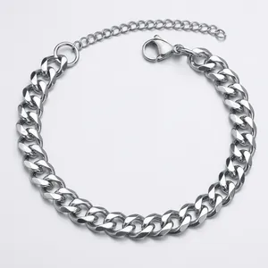 Silver stainless steel curb link bracelet with adjustable lobster clasp and polished finish