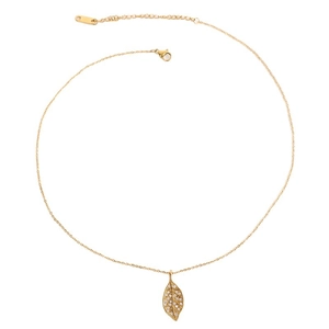 Elegant gold titanium leaf pendant necklace with sparkling cubic zirconia on white background