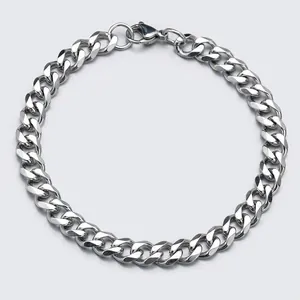 Polished silver stainless steel Cuban link bracelet with a secure lobster clasp closure
