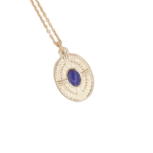 Vintage gold oval necklace featuring a blue gemstone with sunburst patterns on a white background