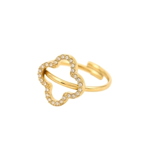 Goldener offener Ring im französischen Stil mit funkelndem Kleeblatt-Design und Kristallen