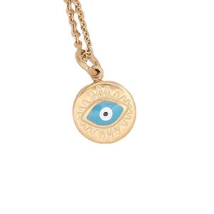 Minimalist gold evil eye pendant necklace with blue enamel charm on white background